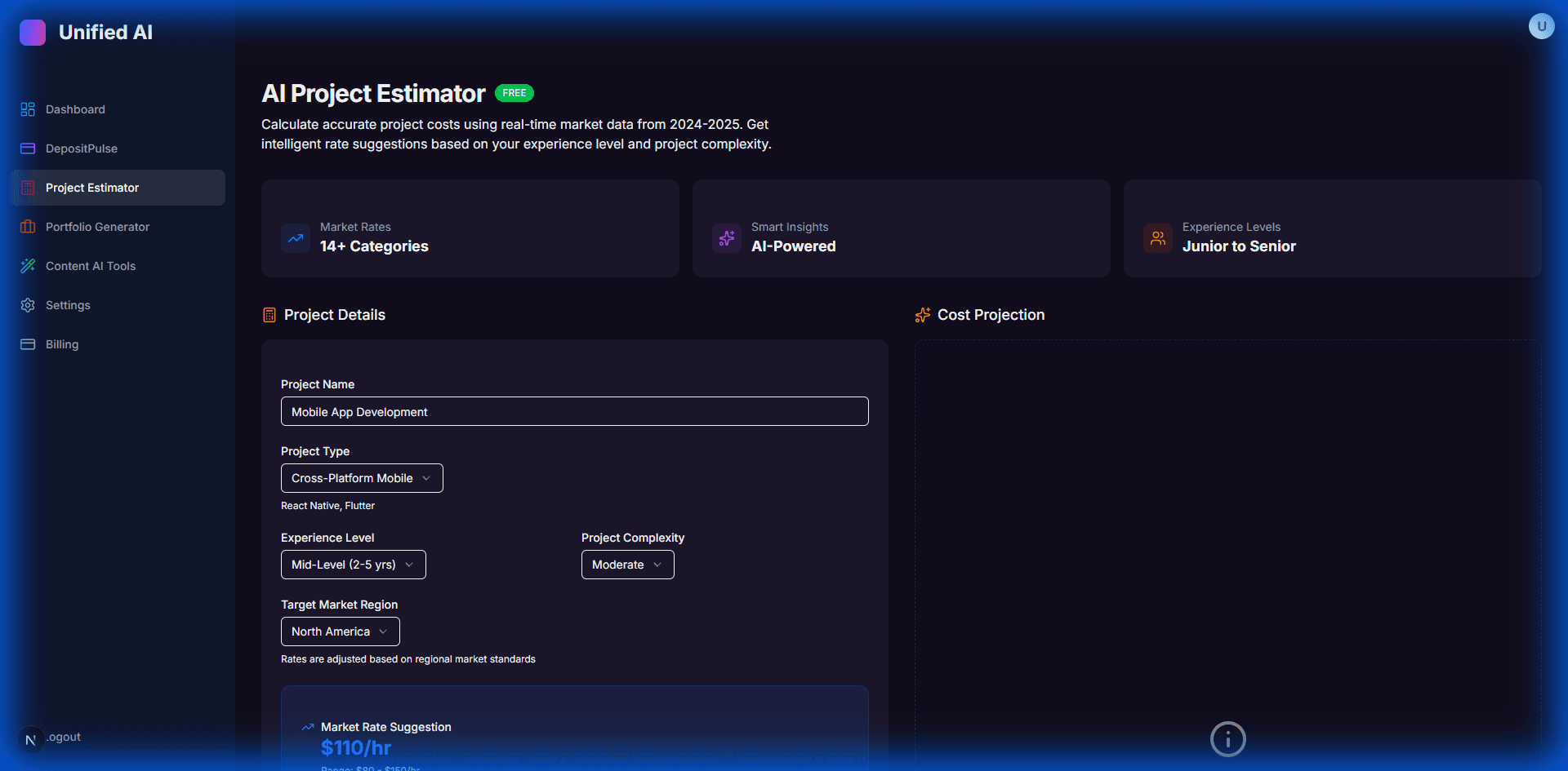 AI Project Estimator interface with cost breakdown
